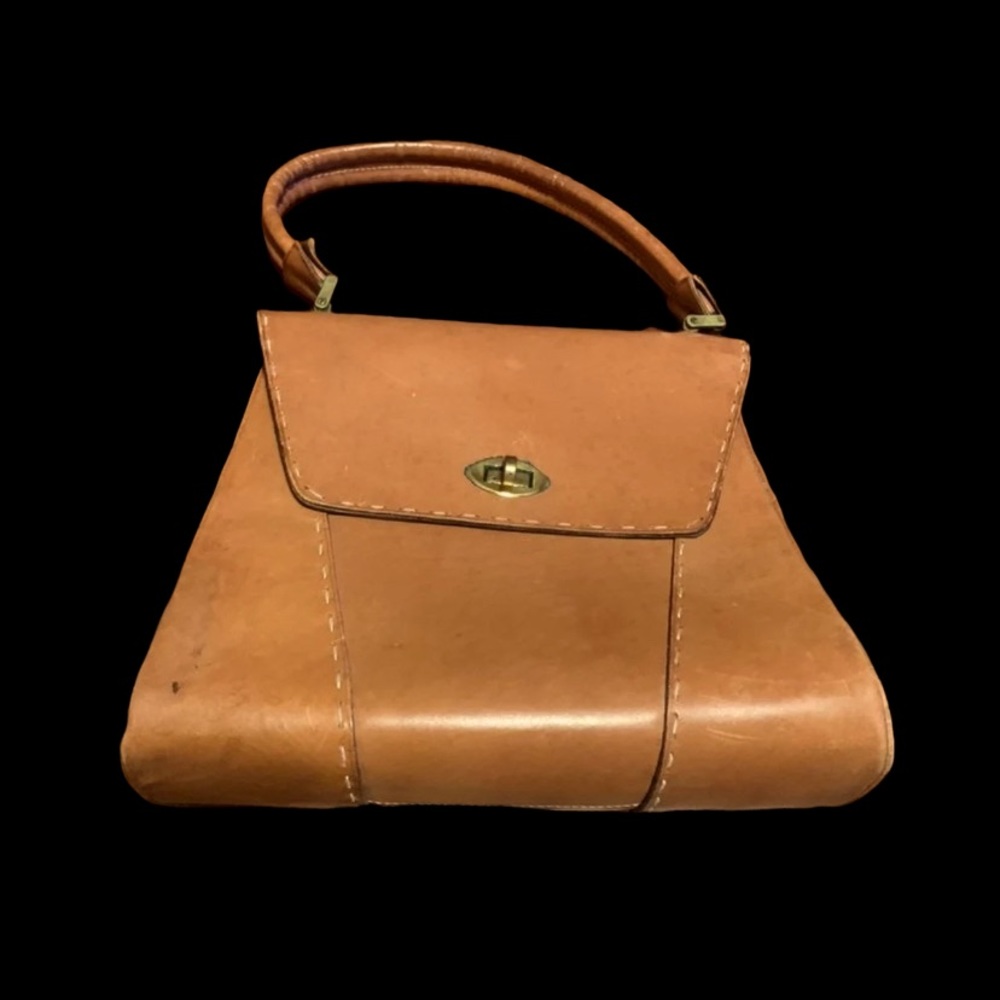 VINTAGE Brown Leather Handbag with contrast stitching - midsize bag.